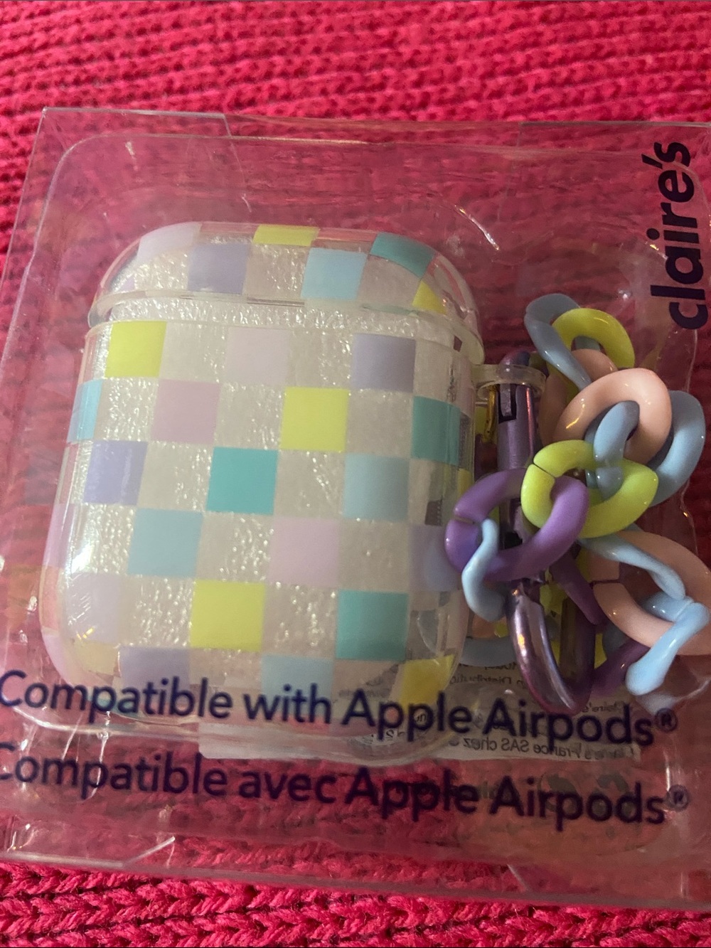 Claire's Pastel Check AirPods Case with Linked Chain - Pastel Multicolor